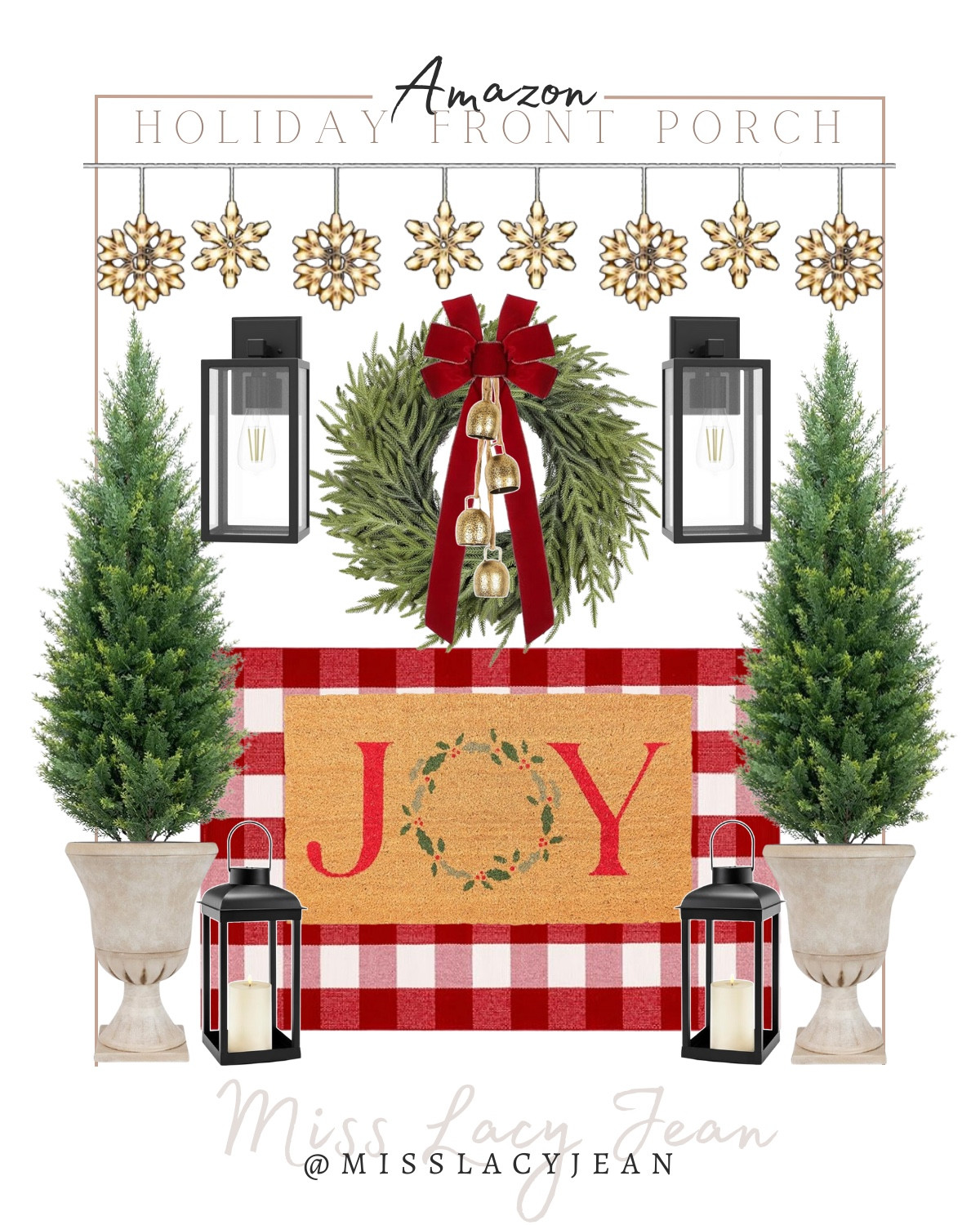 Holiday front porch included faux trees, planters, wreath, outdoor rug, doormat, lanterns, bow, bells, outdoor lights, outdoor snowflake lights.

Holiday decor, outdoor holiday decor, holiday looks for less 

#LTKStyleTip #LTKFindsUnder50 #LTKHoliday