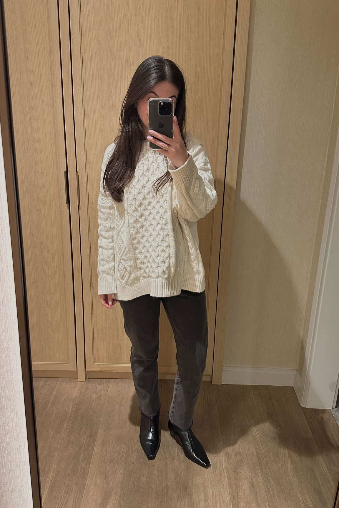 Shoes: I’m a true 7 and got 6.5 and they’re THE MOST comfortable boot I own. I have a narrow foot and slim ankle/calf. sizing suggests sizing up, but I’m glad I didn’t see that and ordered my reg size 😅 
SWEATER: xs/s definitely oversized 
JEANS mine are thrifted but I think these are the most similar. I’m a 24 in Levi’s 