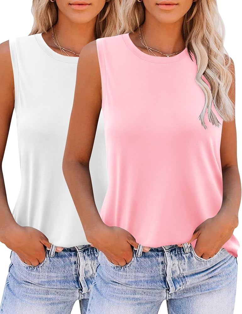 Zeagoo Womens 2024 Tank Tops 2 Pack Casual Crewneck Sleeveless T Shirts Loose Fit Summer Tunic Bl... | Amazon (US)