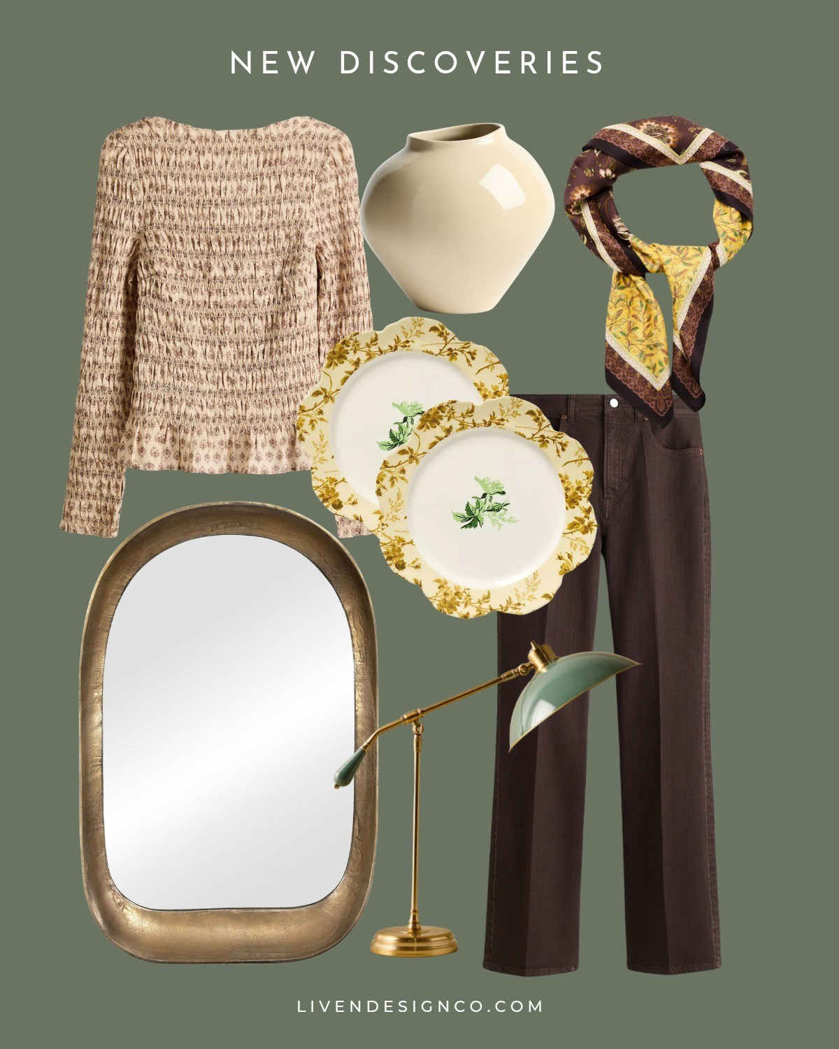 New discoveries. Home decor. Winter style. Ruffled smocked top. Brown denim. Bootcut. Accent wall mirror. Glossy vase. Irregular vase. Ceramic vase. Living room. Pale yellow. Silk satin scarf. Floral plates. Dessert plates. Anthropologie. Task lamp. Desk lamp

#LTKSeasonal #LTKHome #LTKSaleAlert