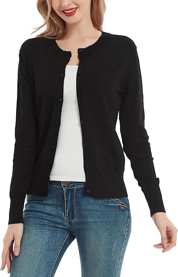 Women's Crew Neck Button Down Long Sleeve Cardigan Sweater | Amazon (US)