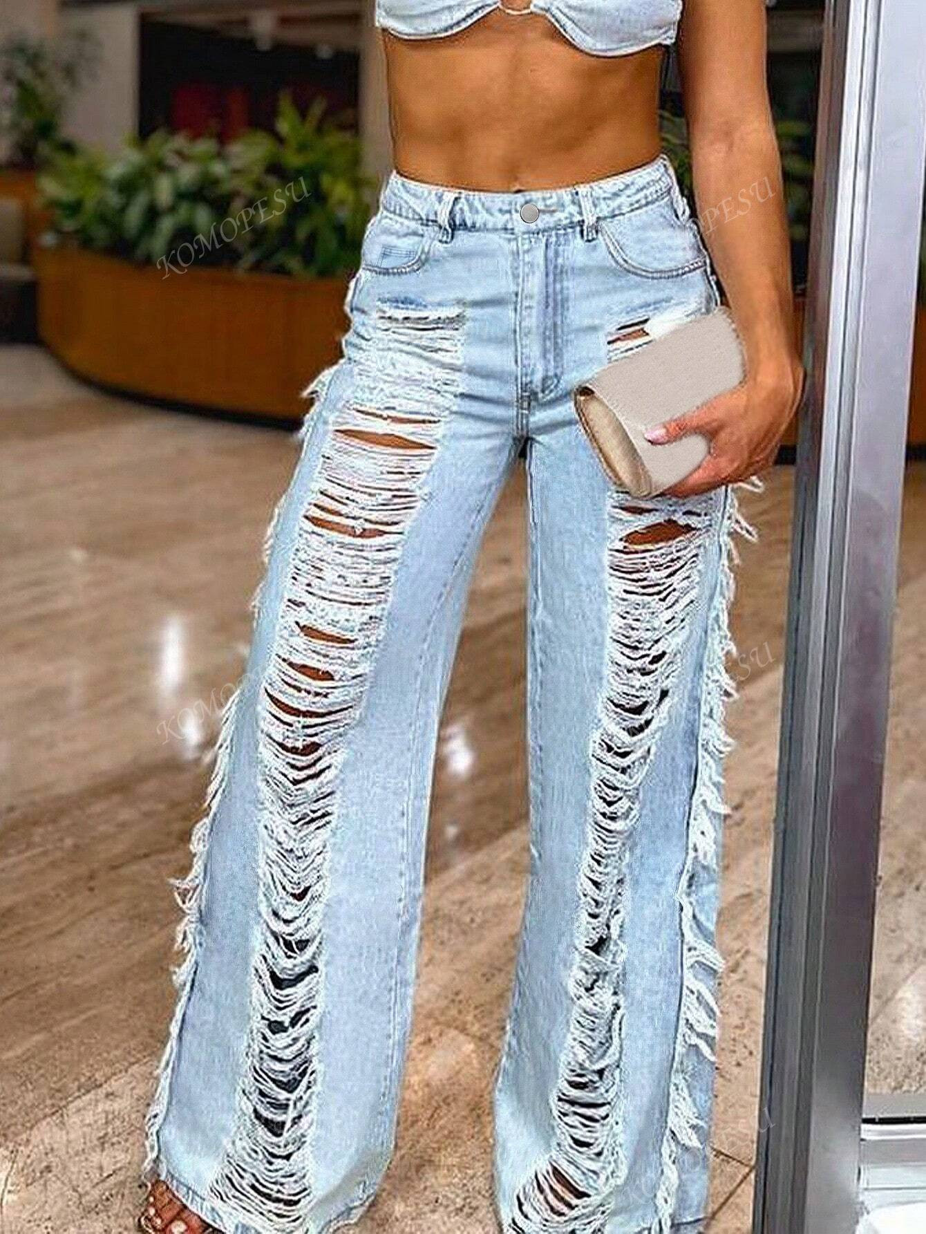 Women's American Street Style Personalized Trendy Distressed Straight Leg Jeans | SHEIN USA | SHEIN