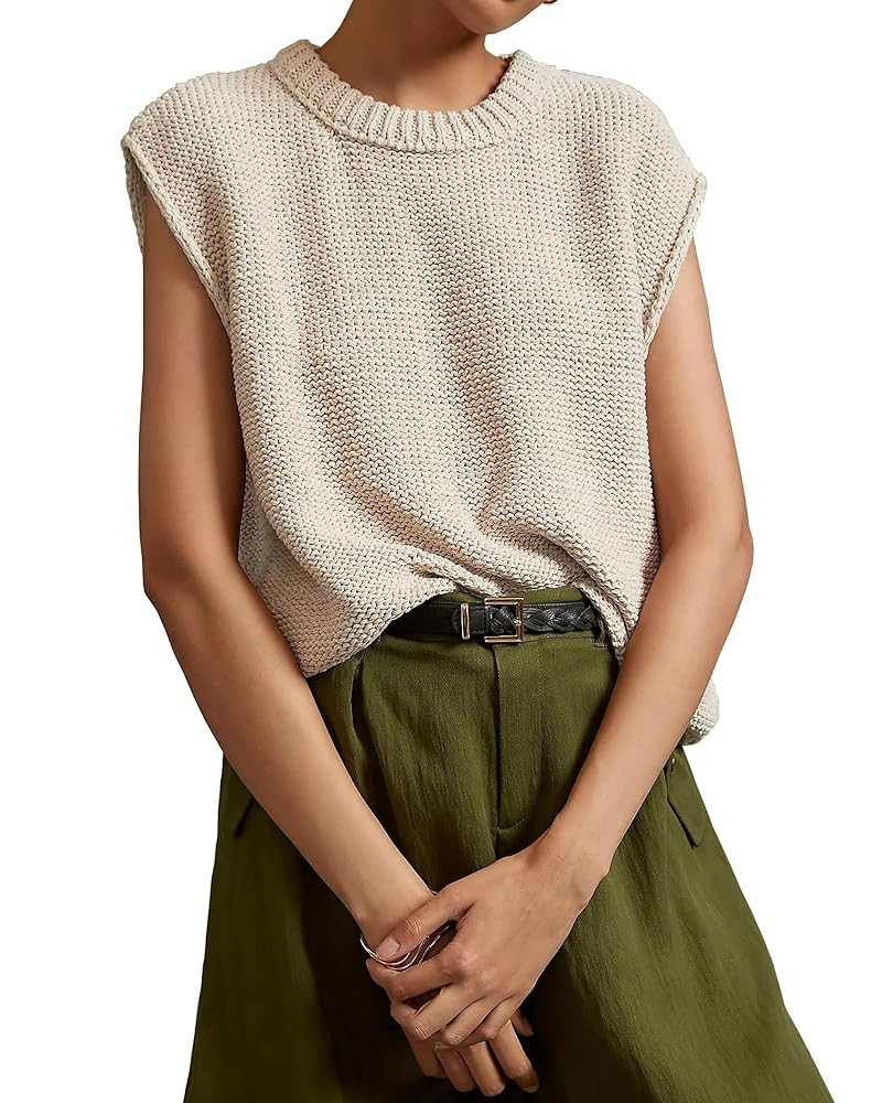 Locachy Women's Vintage Crew Neck Sweater Vest Casual Cropped Sleeveless Knit Pullover Top | Amazon (US)