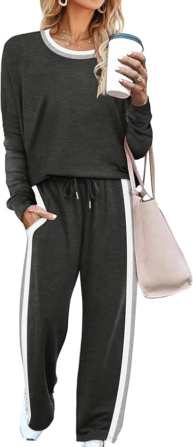 WIHOLL 2 Piece Lounge Sets for Women Long Sleeve Tops Wide Leg Sweatpants Sweatsuits with Pockets | Amazon (US)