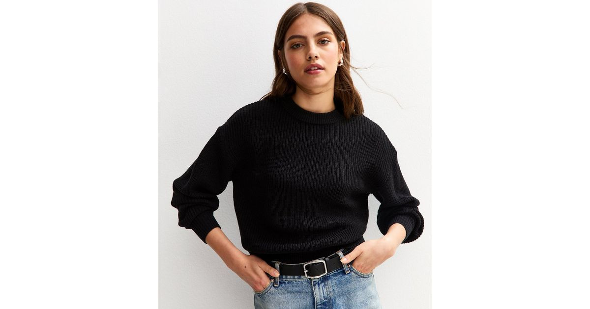 Black Ribbed Crew Neck Knit Jumper | New Look | New Look (UK)