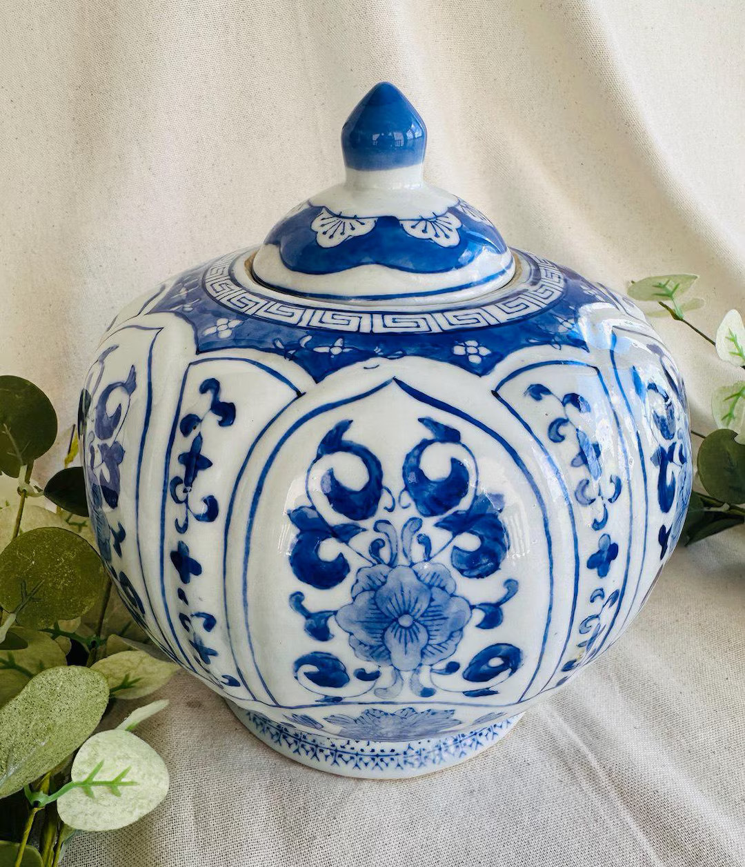 Vintage Blue and White Chinoiserie Ginger Jar } Chinese Cherry Blossom Porcelain Pumpkin Shaped J... | Etsy (US)