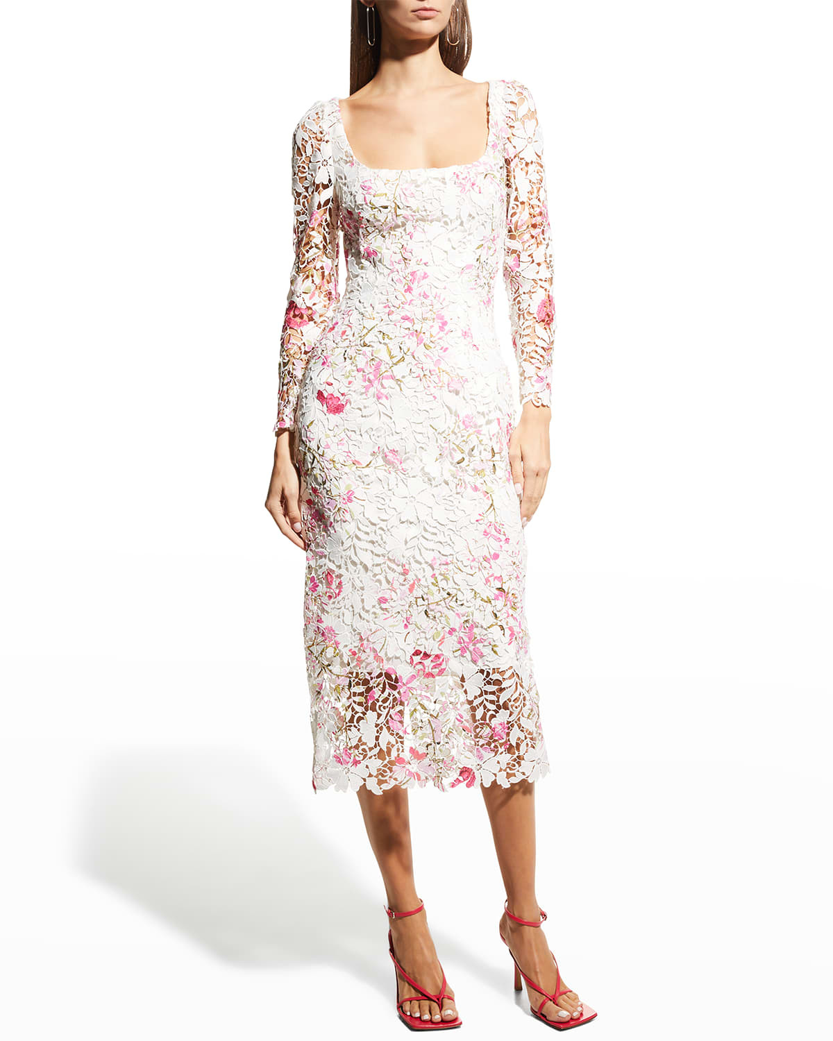 Floral-Print Lace Midi Dress | Neiman Marcus