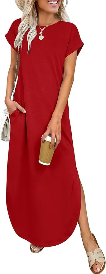 ANRABESS Womens Summer Maxi Dress 2026 Casual Short Sleeve Loose Split Wrinkle-Free Beach Vacatio... | Amazon (US)