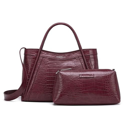 NEWBELLA Tote Bag for Women with Zipper, Large Vegan Leather Hobo Bag with Shoulder Strap and Purse, Crocodile Pattern (Burgundy, for 13 inch laptop) | Amazon (US)