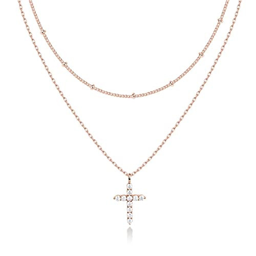 PAVOI 14K Gold Plated Layered Cross Pendant Necklace | Layering Necklaces for Women | Dainty Minimalist Design Pendant (Cross, Rose Plated) | Amazon (US)
