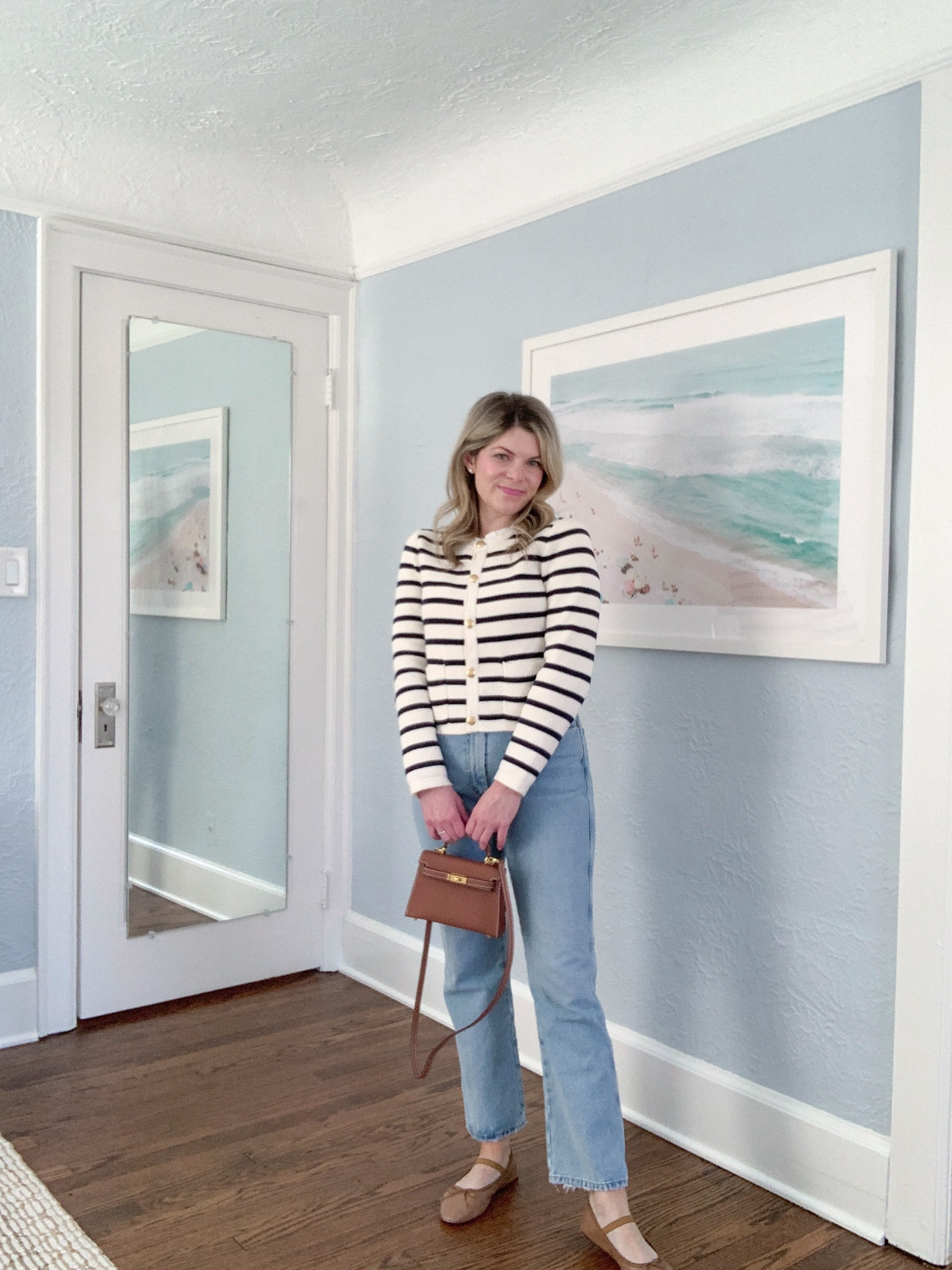 Lady sweater jacket outfit idea for spring, ballet flats 

#LTKitbag #LTKworkwear #LTKshoecrush