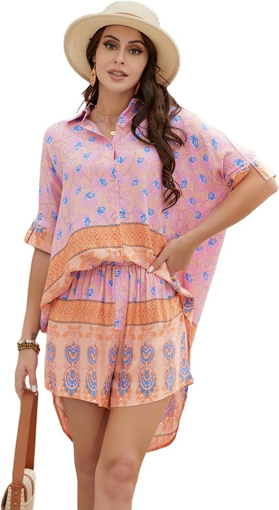 Women's Boho 2 Piece Outfit Floral Open Front Tropical Tunic Blouse and Shorts Set | Amazon (US)