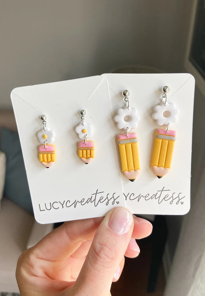 Teacher pencil earrings . Flower dangle earrings . Pencil earrings . Cute school earrings . Back ... | Etsy (US)
