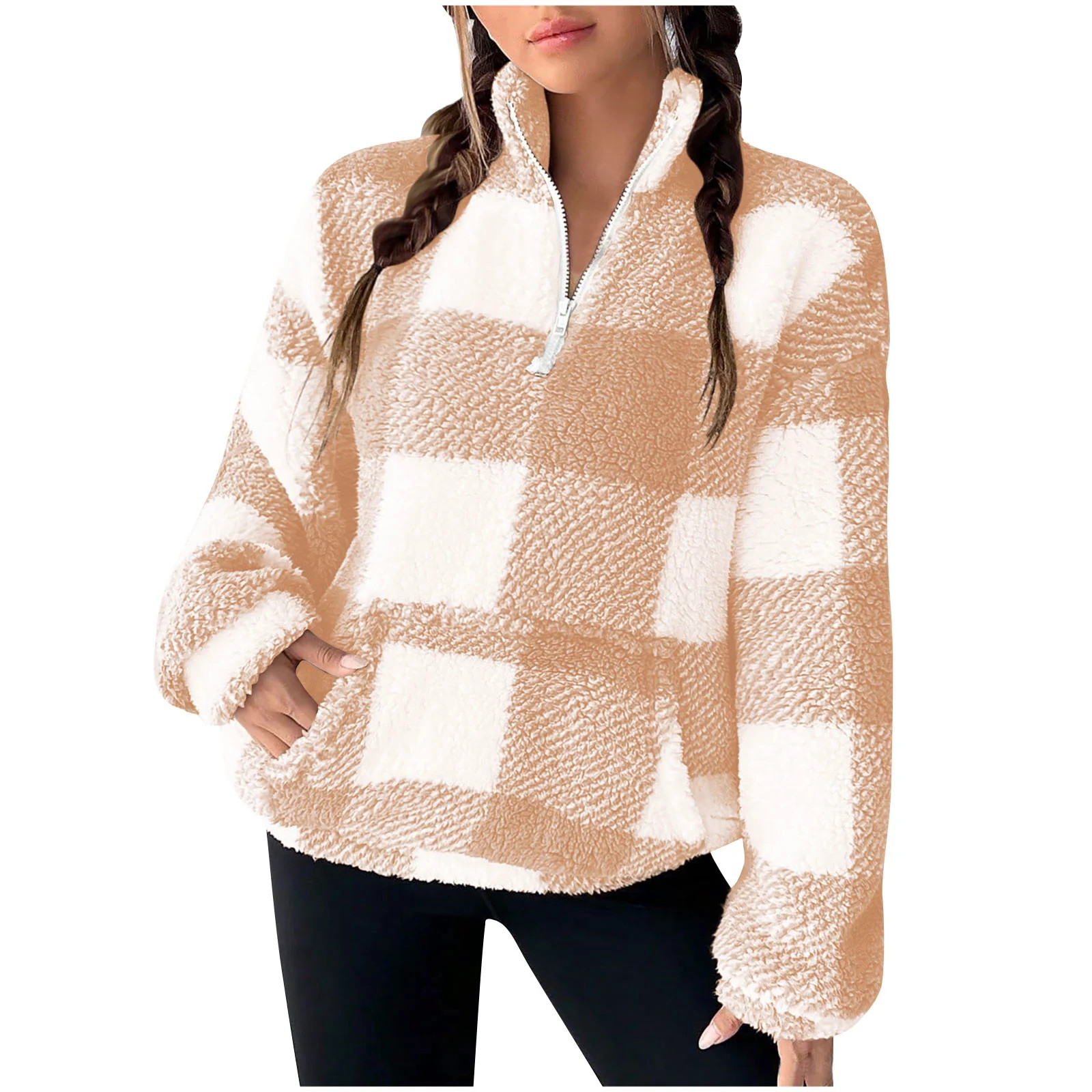 Bcresic Deals,Women's Half Zip Fleece Sweatshirt Plaid Long Sleeve Sherpa Fleece Pullover Oversiz... | Walmart (US)
