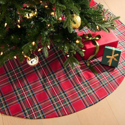 Elrene Home Fashions Stowe Tartan Plaid Cotton Blend Christmas Holiday Décor Tree Skirt, 48" Round, Red | Amazon (US)