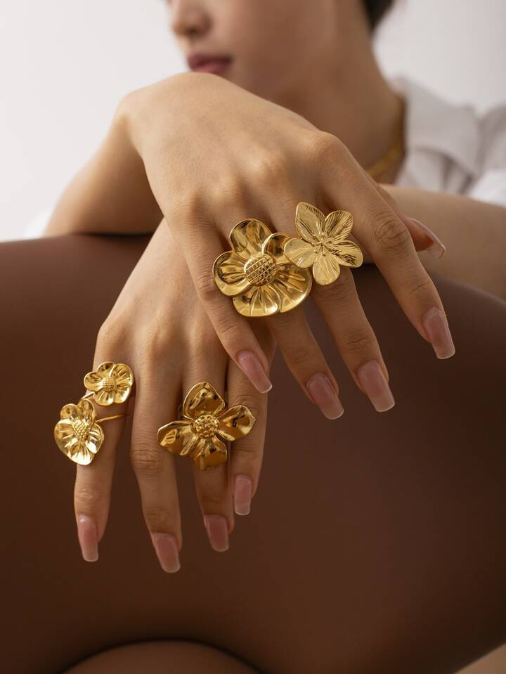 Uworld 1pc Chunky Flower High Polished 18K Gold Plated Stainless Steel Finger Ring Women Holiday ... | SHEIN