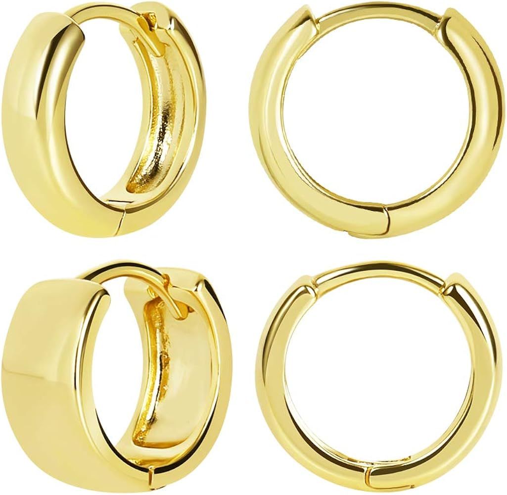 2 Pairs 14K Gold Plated Hoop Huggie Earrings for Women Gift, Minimalist Chunky and Tiny Hoop Earr... | Amazon (US)