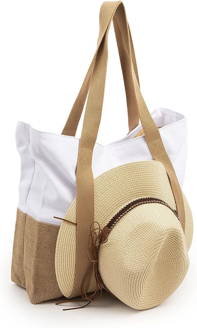 HK Collection Premium Summer Straw Hat and Jute Tote Bag Combo Beach Tote Bag with side straps fo... | Amazon (US)