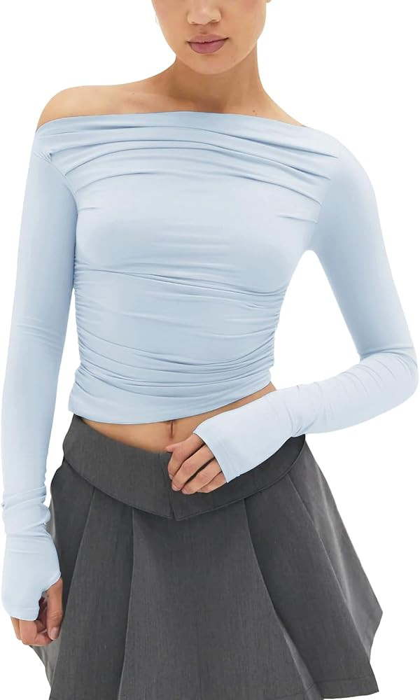 MISS MOLY Women's Sexy Off Shoulder Asymmetrical Tops Ruched Long Sleeve Boat Neck Cropped Y2K Te... | Amazon (US)