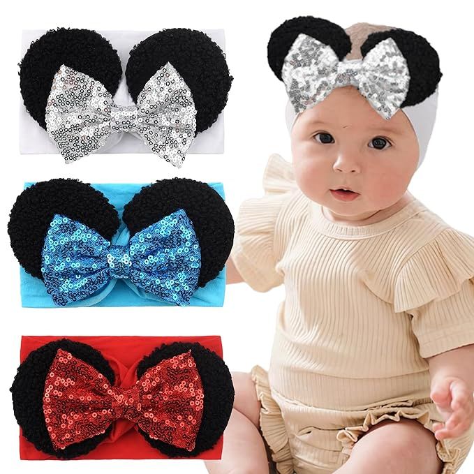 3PCS Baby Girl Mouse Ears Headbands with Sequin Bow, Wide Nylon Turban Hairband, Theme Park Headw... | Amazon (US)