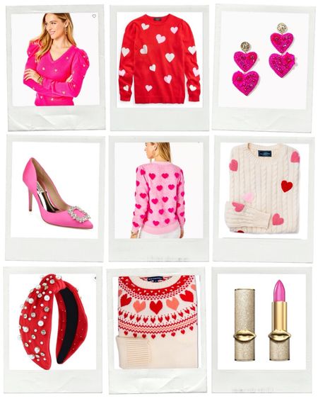 Everything you need for Valentines Day: heart sweaters, heart earrings, glitter lipstick, a bejeweled headband and brooch toe Satan pumps! 

#LTKSeasonal #LTKGiftGuide