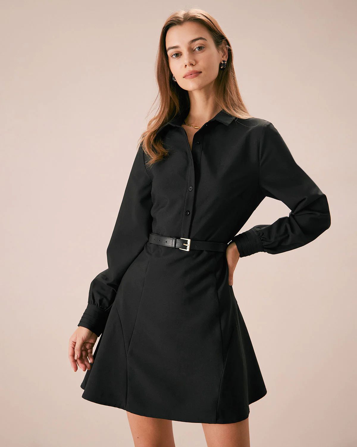 The Black Button Down A-Line Shirt Mini Dress & Reviews - Black - Dresses | RIHOAS | rihoas.com