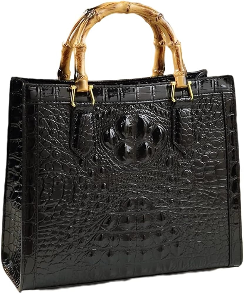 Crocodile Pattern Leather Women's Bag Bamboo Top-Handle Satchel Handbags Portable Tote Bag Should... | Amazon (US)