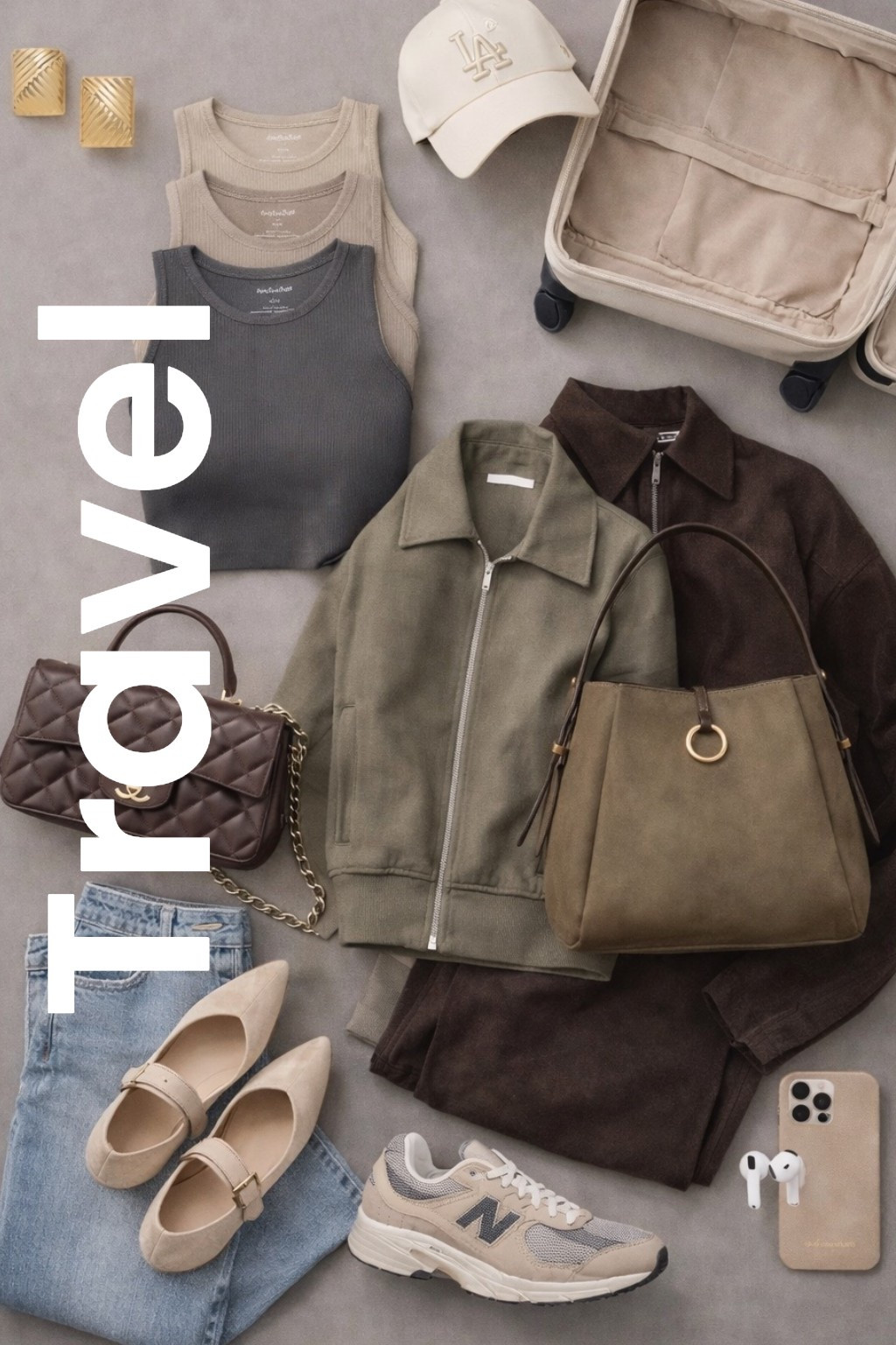 Pinterest-worthy luxury flat lay on a soft warm-gray background, styled in a refined editorial composition. Neutral capsule wardrobe with stacked ribbed tanks in tonal gradient (ivory, taupe, charcoal), layered olive and chocolate zip-front jackets, folded brown trousers, and light-wash denim. Accessories include structured olive shoulder bag, quilted brown designer handbag with gold chain, beige pointed flats, neutral sneakers, minimal gold statement earrings, cream baseball cap, open hard-shell suitcase styled diagonally for travel context, and subtle tech details (smartphone and earbuds). Balanced negative space, asymmetrical layout, clean lines, quiet luxury aesthetic, modern European travel style, soft diffused lighting, ultra-detailed textures, timeless, elevated, minimalist, no text, no logos emphasized, high-end fashion editorial feel.

Hashtags
#QuietLuxury #PinterestStyle #NeutralAesthetic #CapsuleWardrobe #TravelStyle #EffortlessChic #MinimalFashion #ElevatedBasics #SoftNeutrals #EuropeanStyle #LuxuryFlatlay #ModernClassic #TimelessStyle #BeigeAesthetic #EarthTones #TravelOutfitInspo #WardrobeInspo #CleanGirlAesthetic #OldMoneyVibes #SophisticatedStyle

#LTKHoliday #LTKGiftGuide #LTKdayinmylife