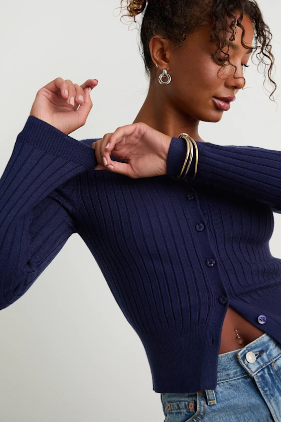 Perfect Classic Navy Ribbed Knit Cardigan Sweater | Lulus