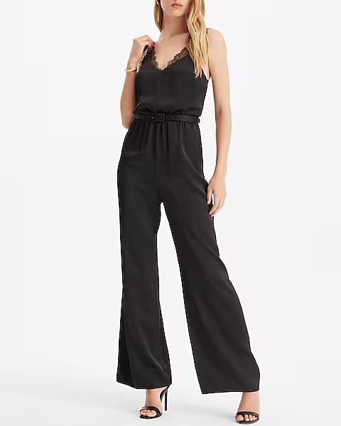 Satin V-Neck Lace Strap Belted Wide Leg Jumpsuit | Express