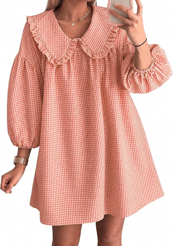 Ynhonra 2026 Women's Babydoll 3/4 Puff Sleeve Plaid Mini Dress Lapel Doll Collar Loose Y2k Dress | Amazon (US)