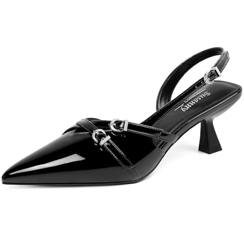 Susanny Black Kitten Heels for Women Pointed Closed Toe Pumps Comfort Sling Back High Heels Sexy Strappy Buckle Dress Wedding Bridal Party Low Heel Shoes Size 10 | Amazon (US)
