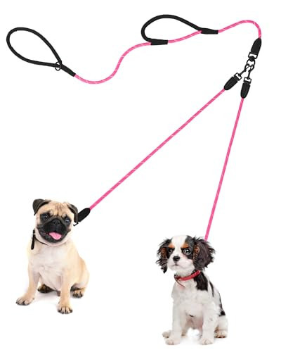 PetBonus Rope Double Dog Leash, No Tangle Dual Dog Leash, Reflective Walking Training Lead with Two Comfortable Padded Handles, 2 Dog Leash Coupler for Small Medium Dogs (1/3" x 6.5FT, Pink) | Amazon (US)