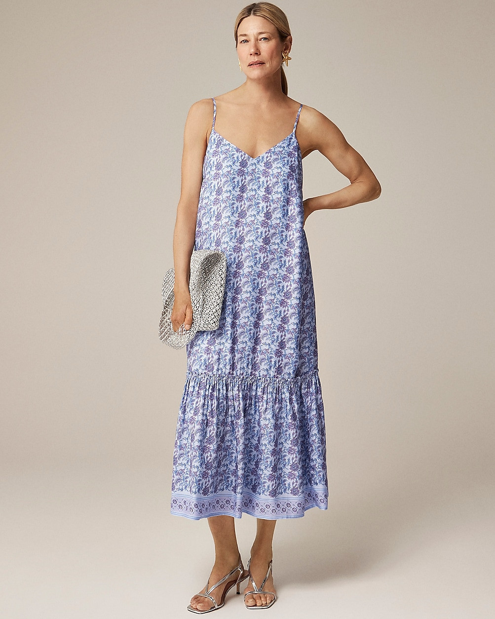 Tiered tie-waist dress in dusty periwinkle block print | J. Crew US