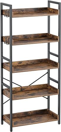 Rolanstar Bookshelf 5 Tier with 4 Hooks, Industrial Wood Bookcase, Vintage Storage Rack with Open... | Amazon (US)