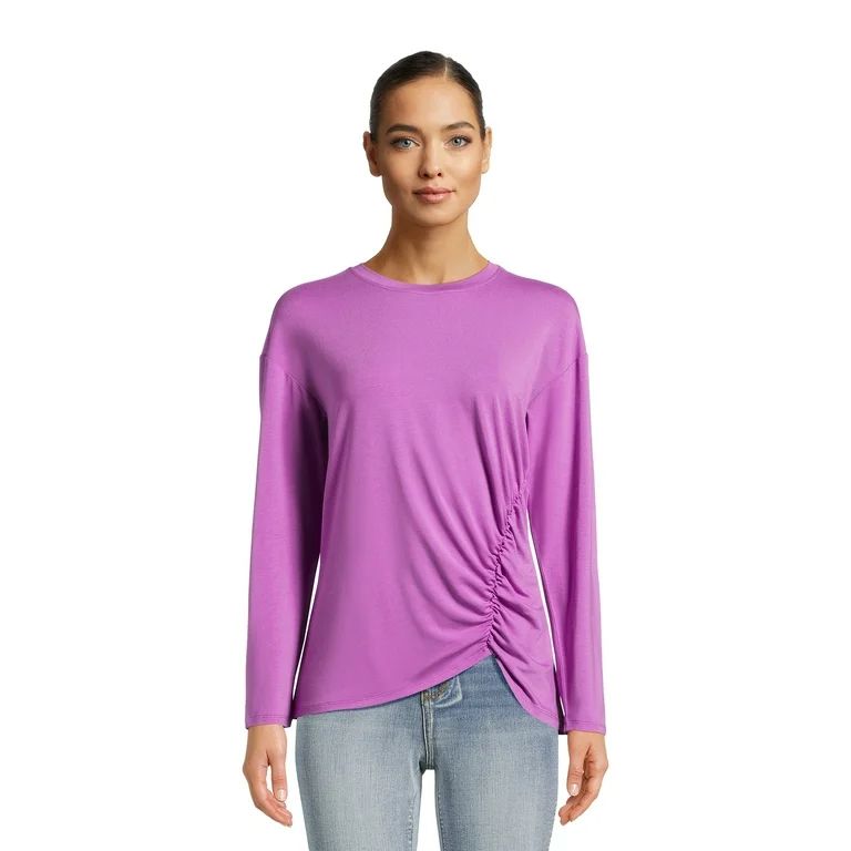 Time and Tru Women's Side Ruched Jersey Knit Top with Long Sleeves, Sizes XS-XXXL | Walmart (US)