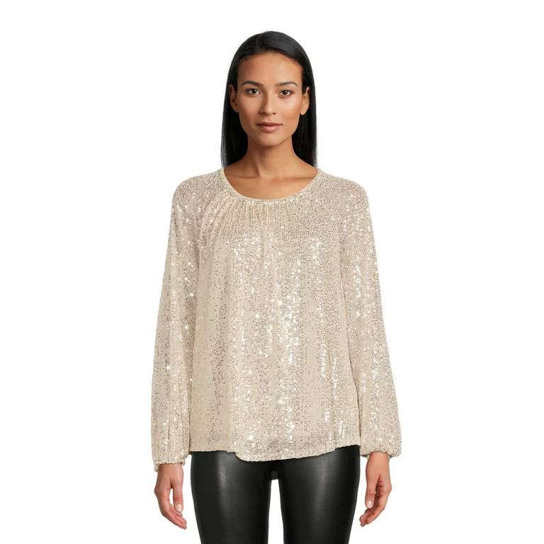 Time and Tru Women's Sequined Top with Long Sleeves - Walmart.com | Walmart (US)