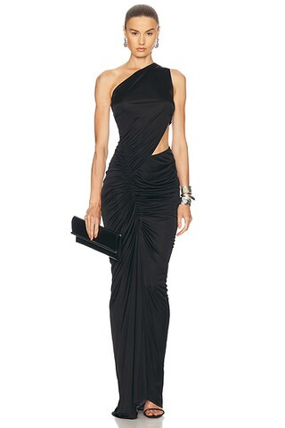 Atlein One Shoulder Ruched Cut Out Gown in Black | FWRD | FWRD 