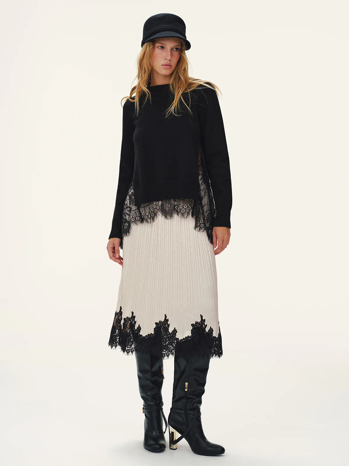 Lace Hem Pleated Midi Skirt | Commense