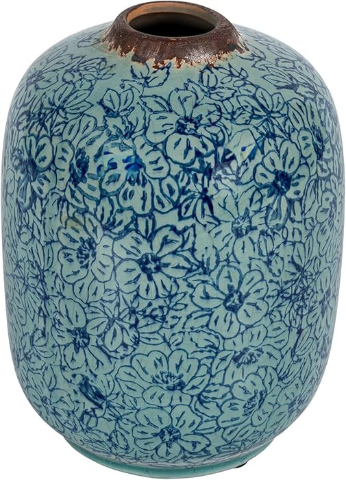 Creative Co-Op Decorative Round Terra-Cotta Vase with Floral Pattern with Distressed Finish, Blue | Amazon (US)