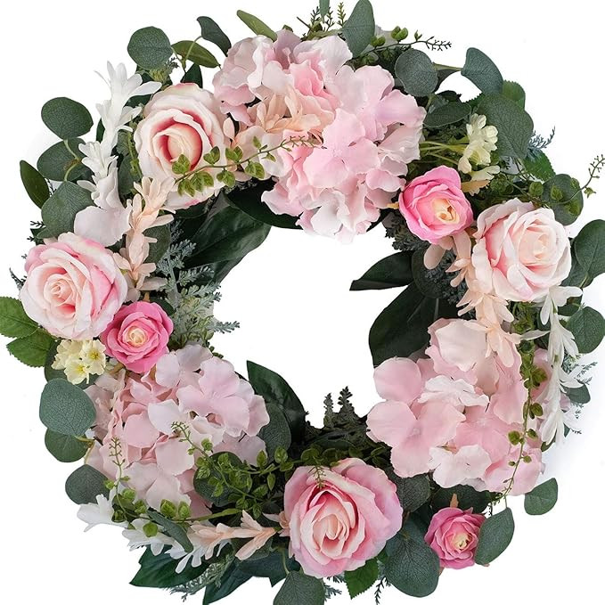Bibelot Artificial Pink Rose Wreath 20 inches Front Door Wreath with Hydrangea Green Leaves Wreat... | Amazon (US)