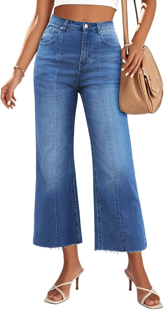 Genleck Women's Wide Leg Jeans Cropped High Waisted Seamed Front Raw Hem Denim Pants Trendy Stret... | Amazon (US)