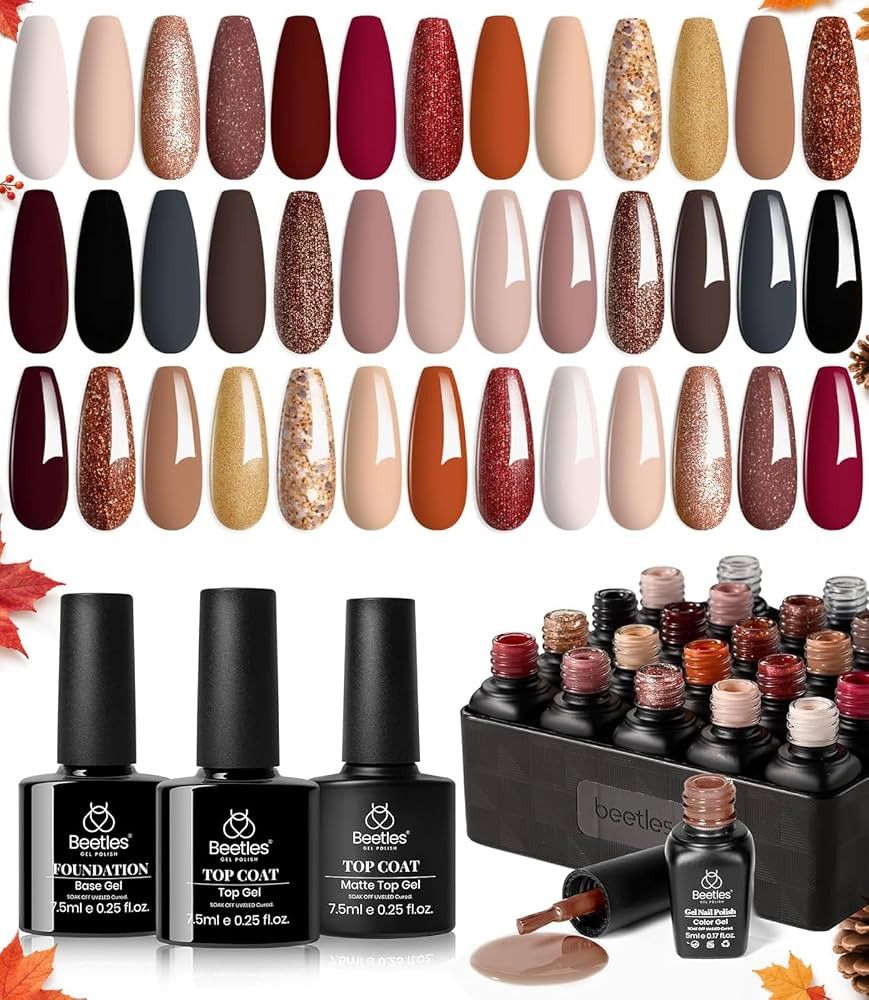 Beetles Fall Gel Nail Polish Set, 23Pcs Brown Burgundy Red Nude Pink | Amazon (US)