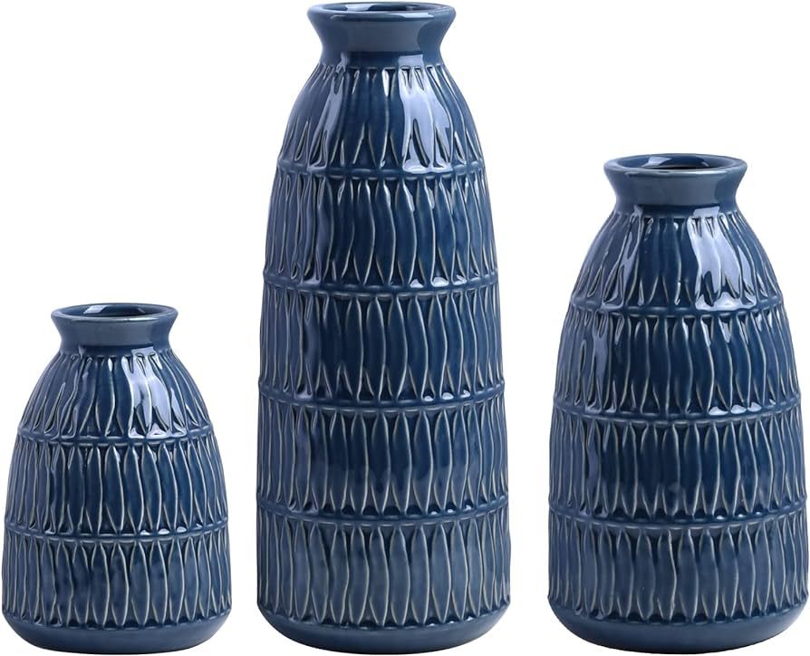 Yundu Navy Blue Ceramic Flower Vases for Home Decor Set of 3, Living Room Décor, Modern Farmhous... | Amazon (US)