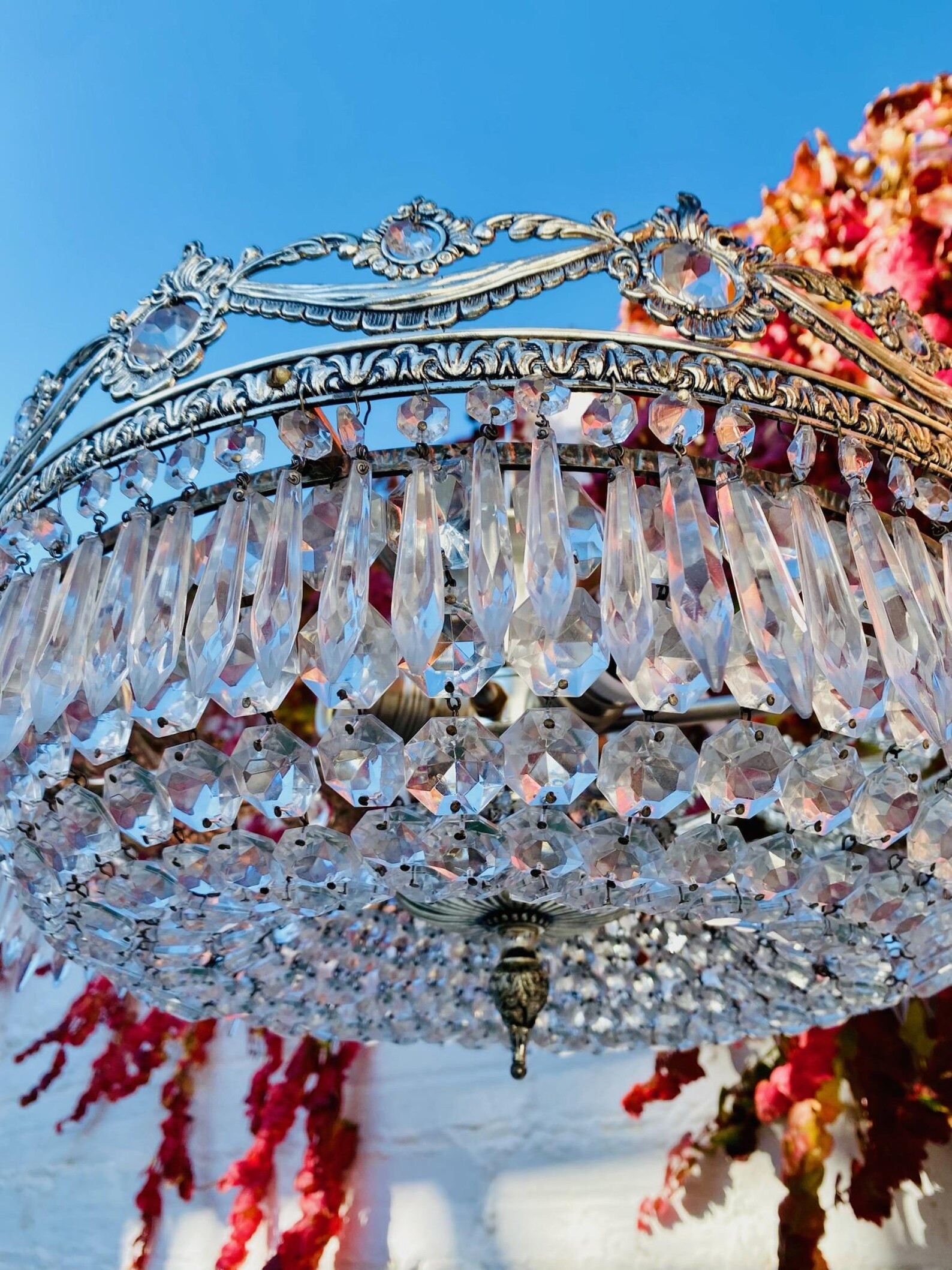 10" X 16" Antique French Bowl Chandelier, Silver Bronze, Icicle Crystals, Semi Flush Mount, 4 Lig... | Etsy (US)