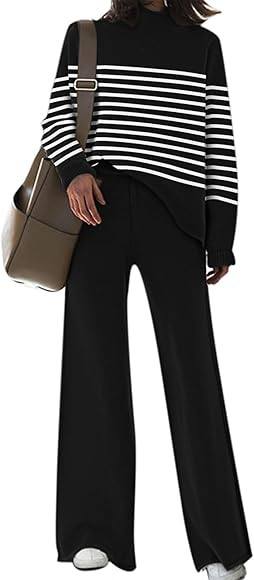 AOHITE Womens 2 Piece Outfit Set Long Sleeve Knit Pullover Sweater Top and Wide Leg Pants Sweatsu... | Amazon (US)