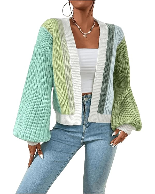 SHENHE Women's Color Block Open Front Long Sleeve Ribbed Knit Cropped Cardigan Sweaters | Amazon (US)