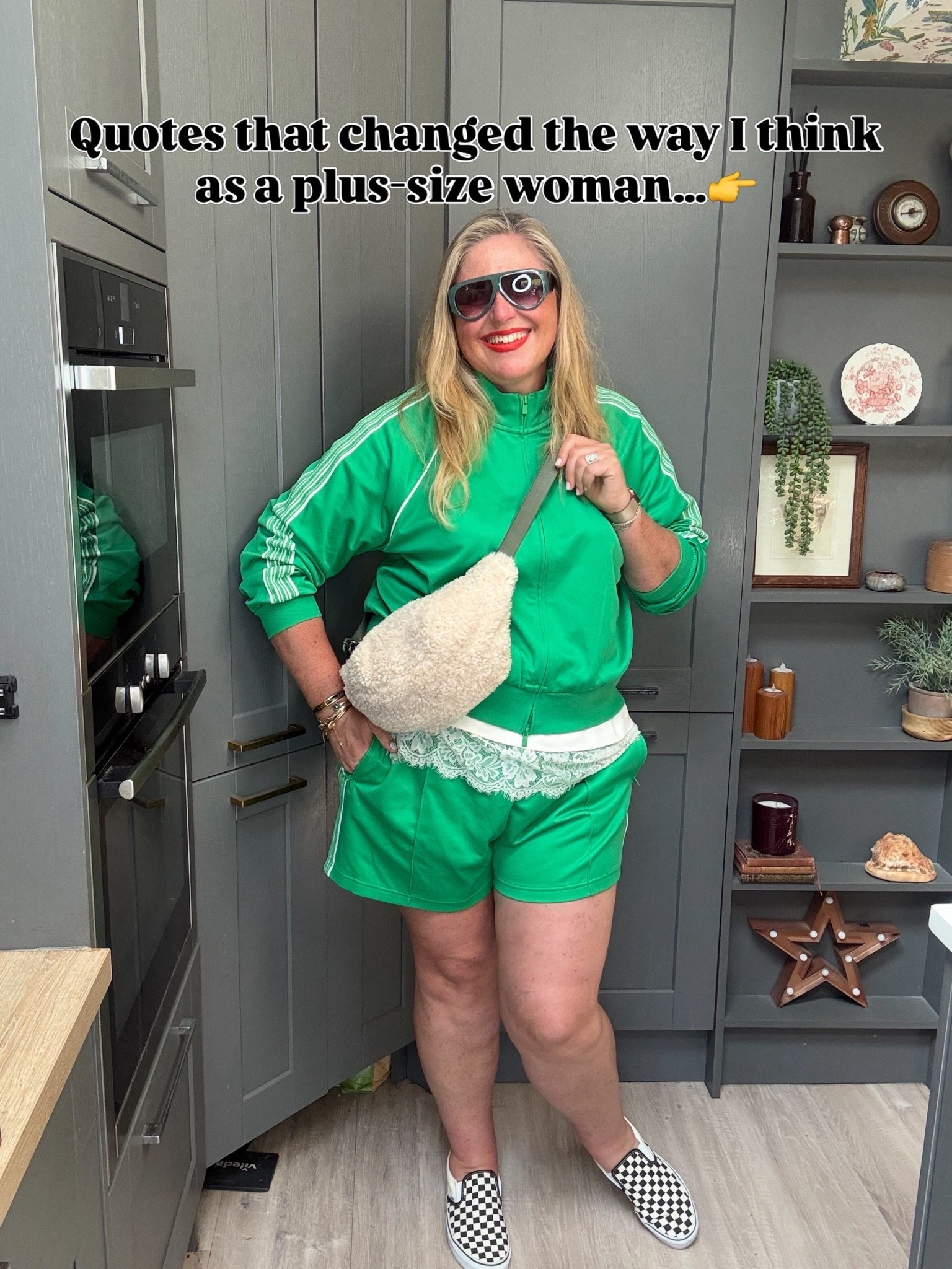 Green shorts, green tracksuit lace T-shirt,furry bag, trainers, sunglasses

#LTKsummer #LTKplussize #LTKfestival