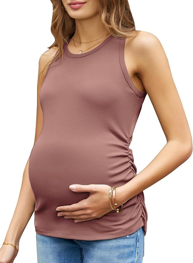 Women's Maternity Tank Tops Summer Sleeveless Crew Neck Ribbed Knit Slim Fitted Blouse Side Ruche... | Amazon (US)