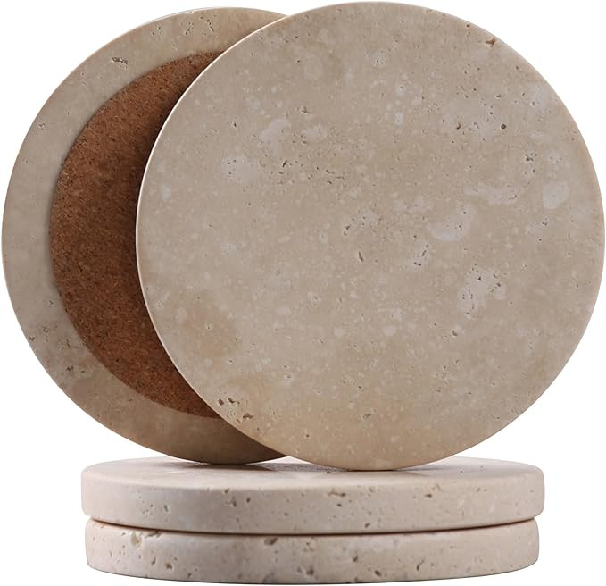 CASACOUTURE-Travertine-Stone-Coasters Set of 4-Round -4" Diameter Drink Coasters for Housewarming... | Amazon (US)